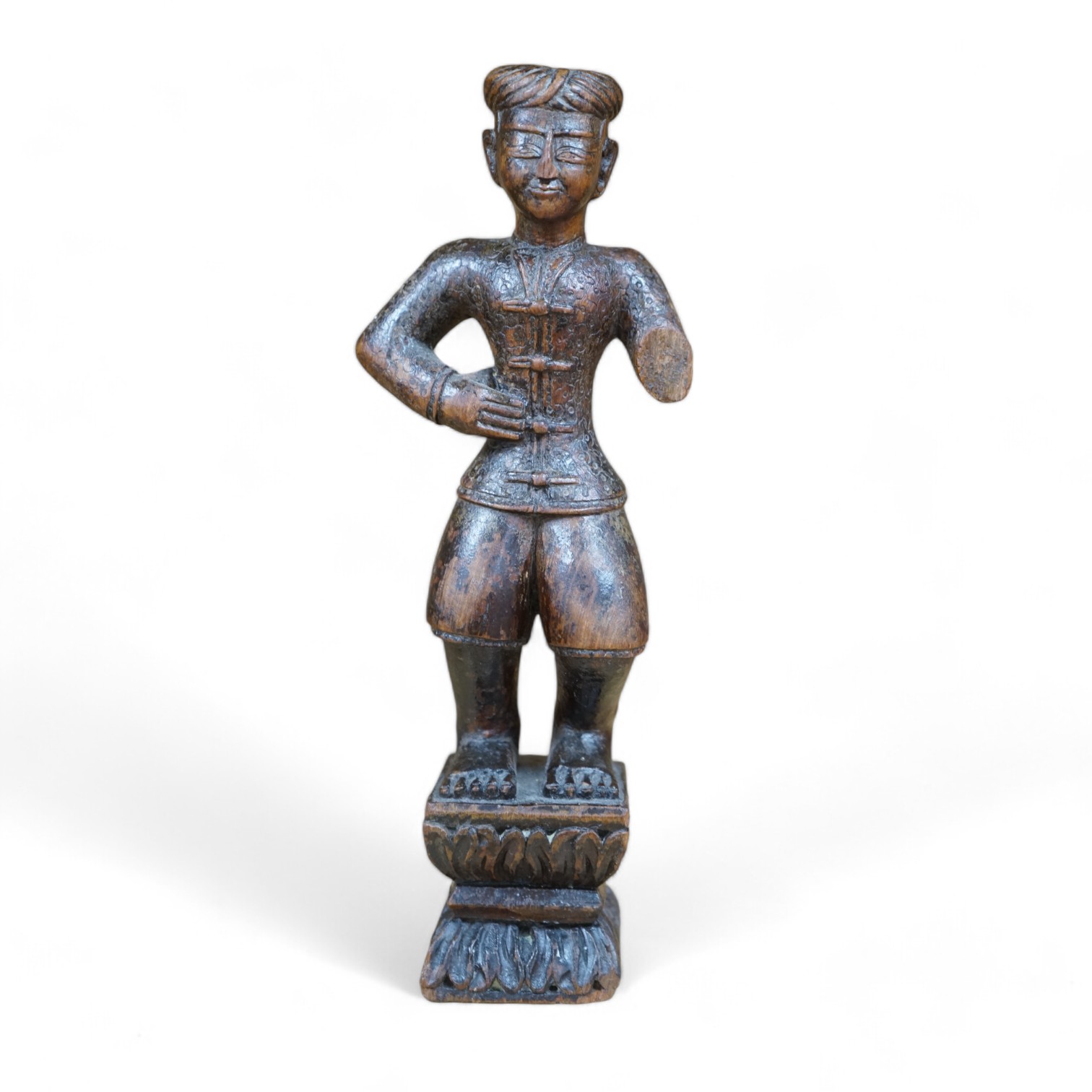 A 19th century Indian carved wood figure of a man, 23cm high. Condition - poor to fair, one arm missing